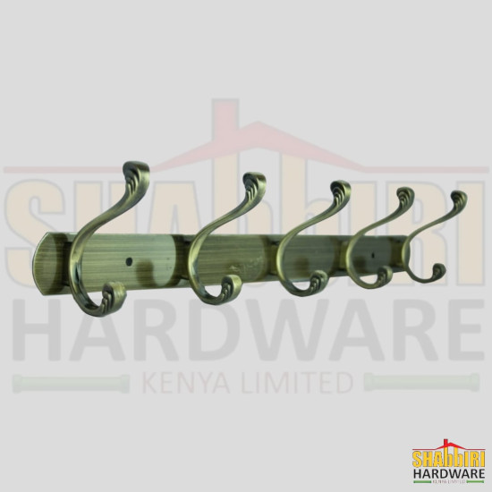 COAT HOOK ANTIQUE BRASS DOUBLE 5 HOOKS